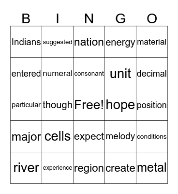 Fry Word Bingo Card