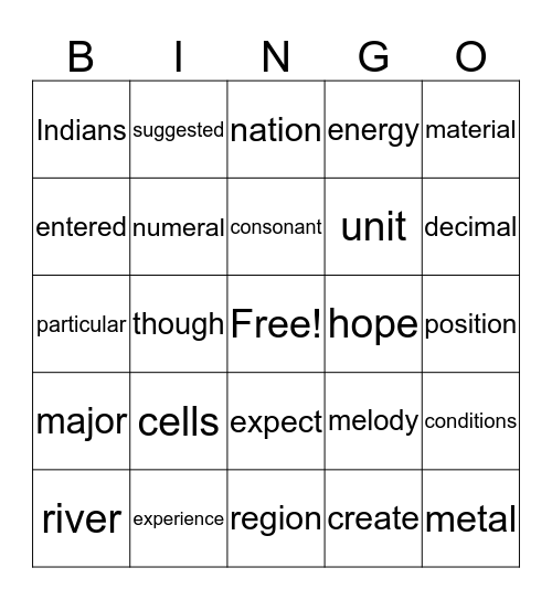Fry Word Bingo Card