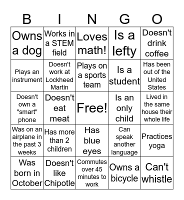 Lockheed Martin FallFest Autograph Bingo Card