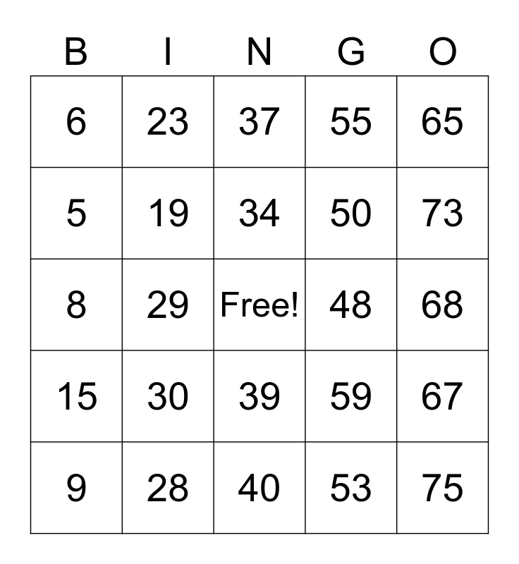 Number Bingo 1-75 Bingo Card