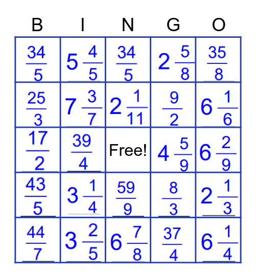 Converting Fractions Bingo Card