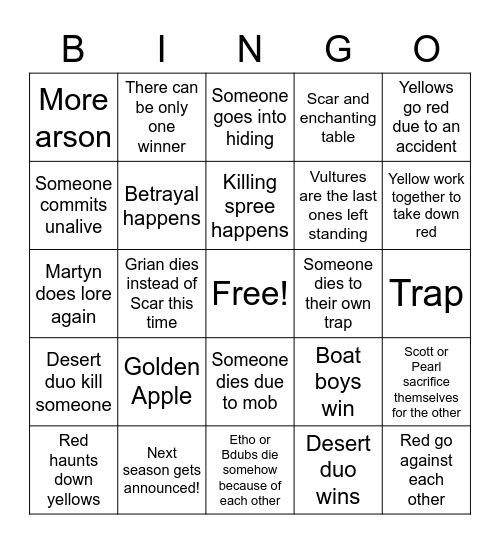 Double Life finale Bingo Card