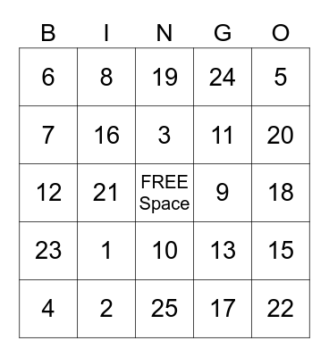 Basic Numbers Bingo Card