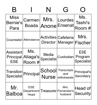 School Bingo Card