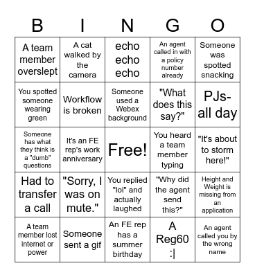 I Spy FE Bingo Card