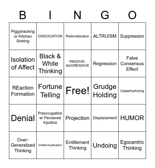 Defense Mechanism Bingo Card