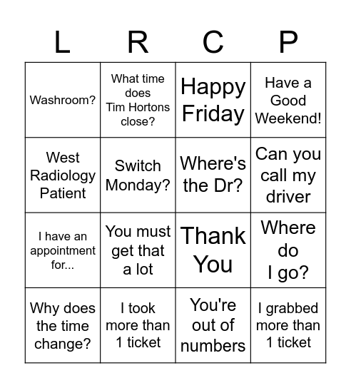 Radiation Clerks Bingo Card