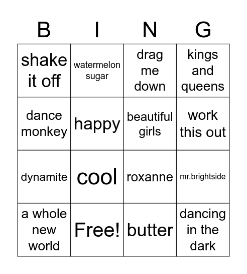 music bingo! Bingo Card
