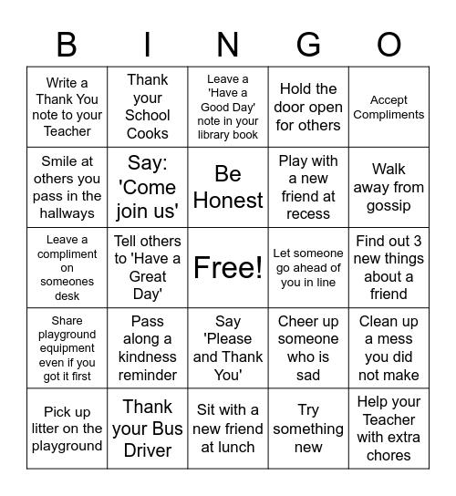 KINDNESS Bingo Card