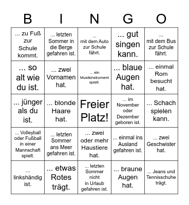 Finde eine Person in deiner Klasse, die... Bingo Card