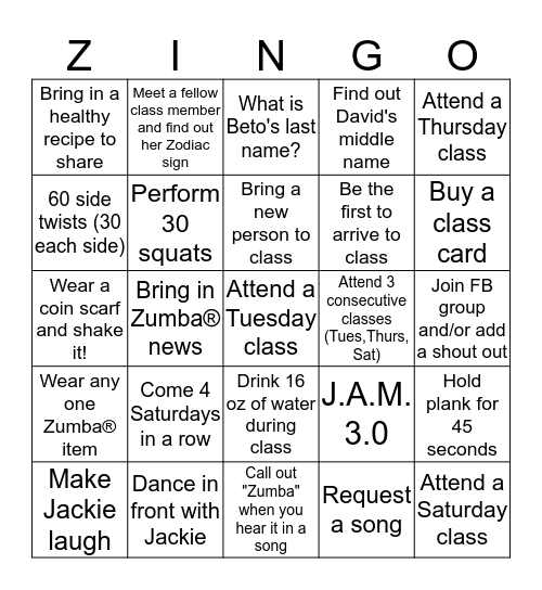 Jackie's Zingo! Bingo Card