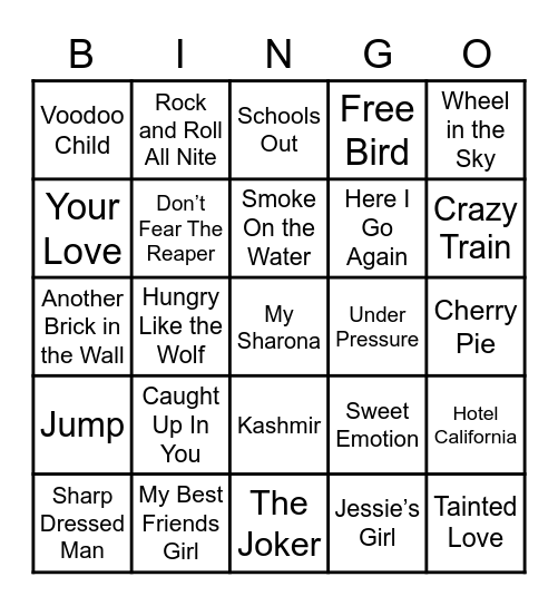 Classic Rock Bingo Card