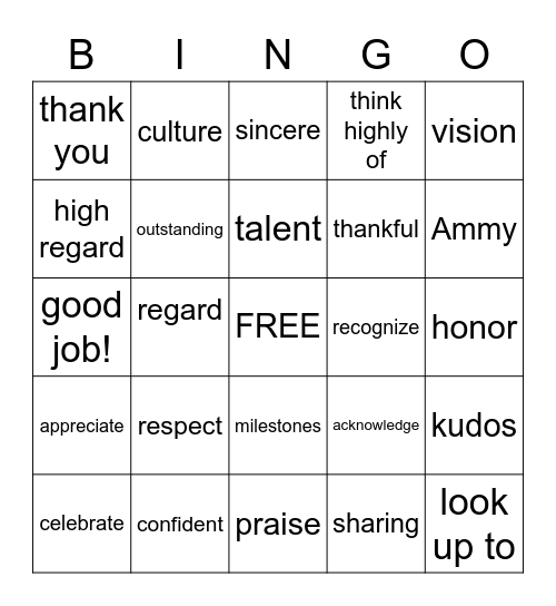 Recognition Bingo Card