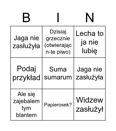 Schnitzel's Bingo Card