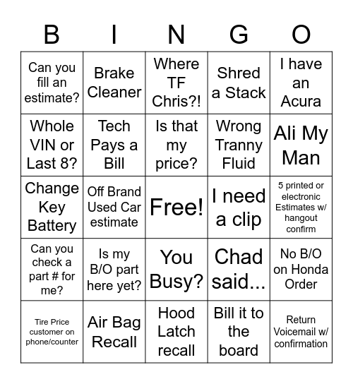 In - Ali My Man / Out - Reserve a Maintenance Bingo Card
