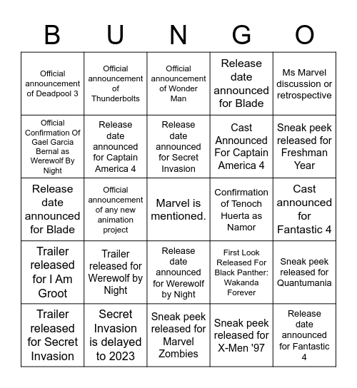 SDCC Bingo Card