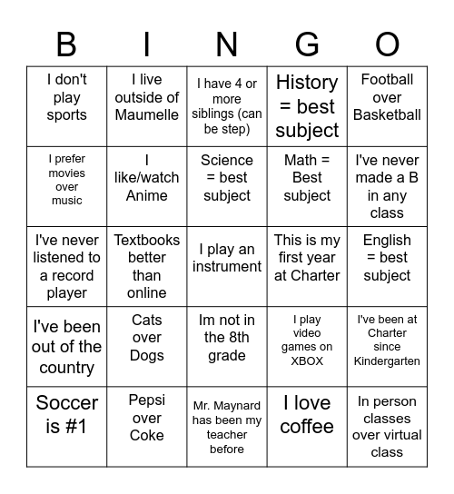 Get to know Each other! Bingo Card