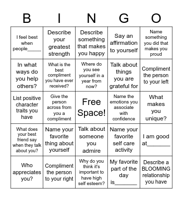 SELF ESTEEM BINGO! Bingo Card