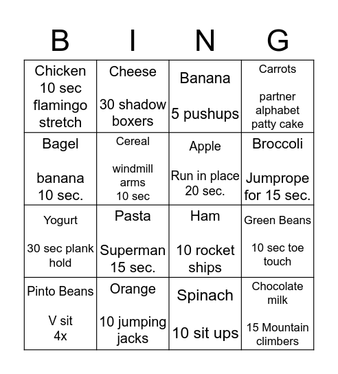 Food Group Bingo Card