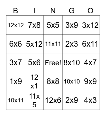 Multiplication Bingo Card