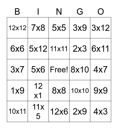 Multiplication Bingo Card