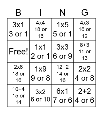 Multiplication Bingo Card