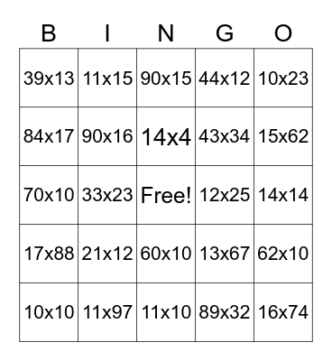 Multiplication Bingo Card
