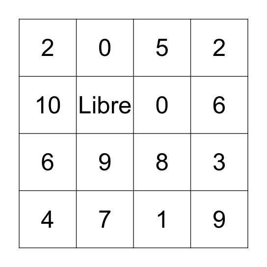 Numeros Bingo Card