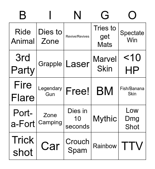 FN No Build Bingo Card