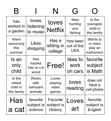Getting to Know You Bingo Card