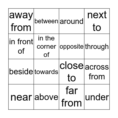 PREPOSITIONS OF PLACE Bingo Card