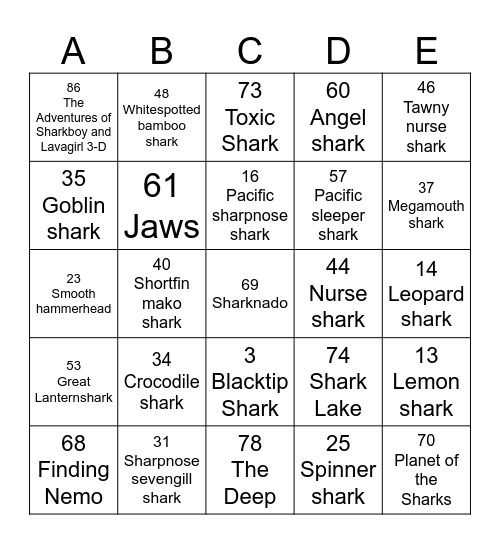 SHARKS 2023 Bingo Card