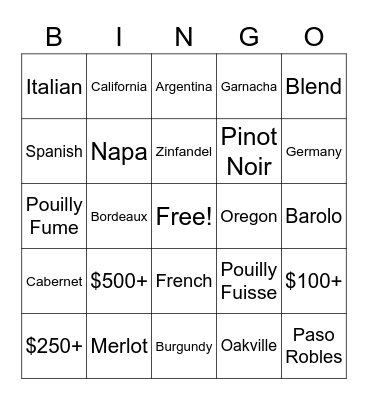 Wine Sales Bingo Card