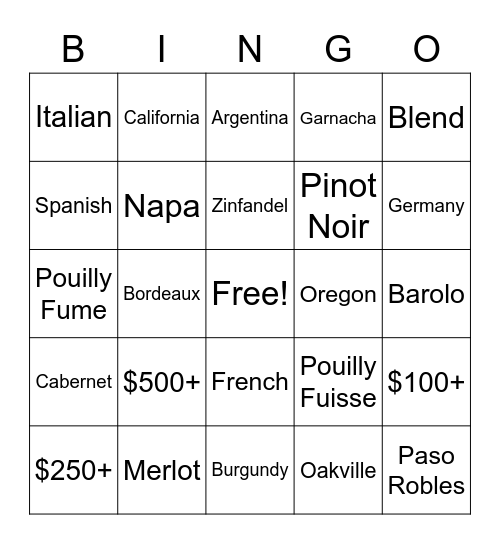 Wine Sales Bingo Card