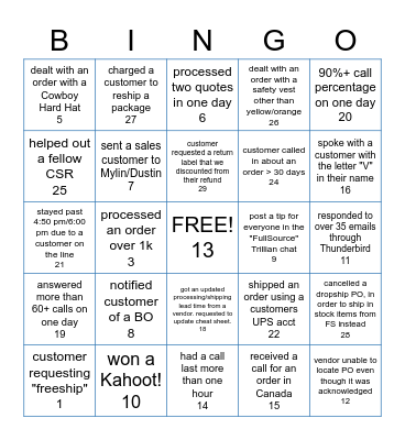 FS CSR Bingo Card