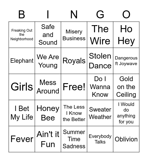 Tumblr Era of Alternative Hits Bingo Card