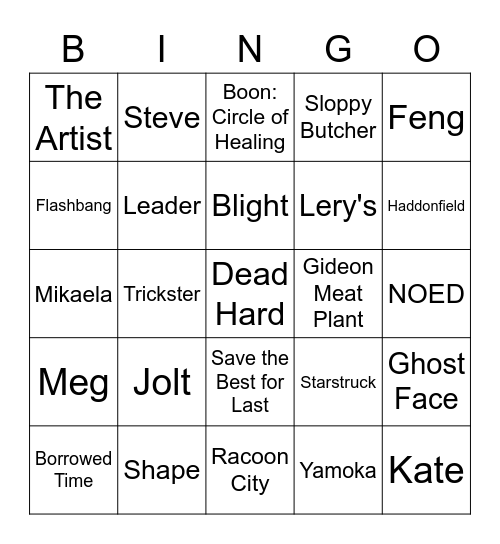 Dead By Daylight Bingo Card