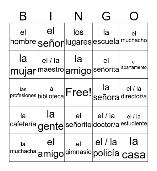 Spanish Bingo Card