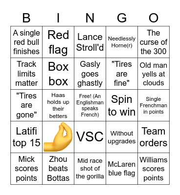 French grand Prix Bingo Card