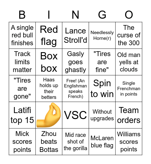 French grand Prix Bingo Card