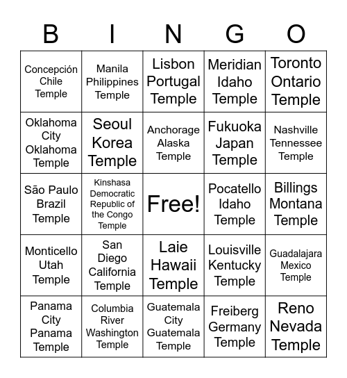 Temple Bingo! Bingo Card