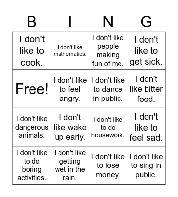 Dislikes Bingo Card