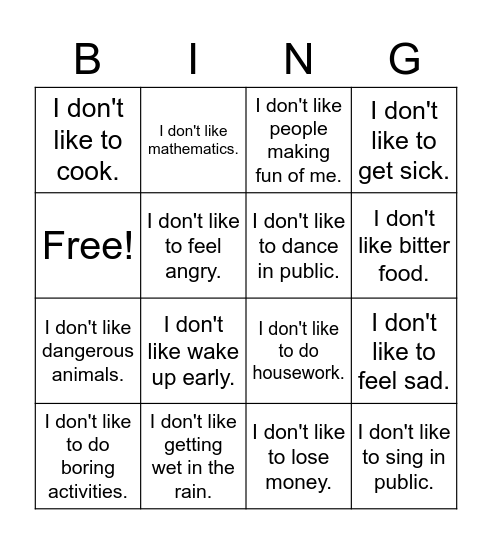 Dislikes Bingo Card
