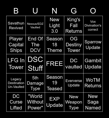 Lightfall Bungo Bingo Card