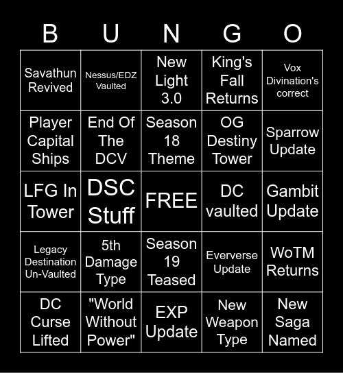Lightfall Bungo Bingo Card