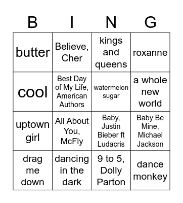 music bingo! Bingo Card
