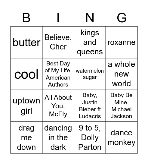 music bingo! Bingo Card