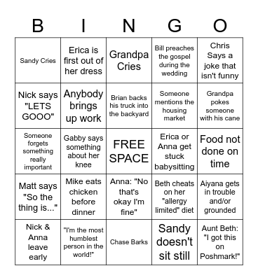 Family Bingo Card