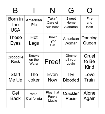 70s or so Music Bingo Card