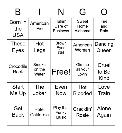 70s or so Music Bingo Card